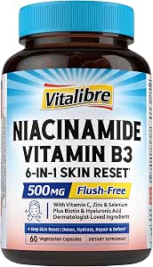 Niacinamide Vitamin B3 Niacin 500mg No Flush Niacin Supplement 6in1 Skin Reset Formula w/VC Zinc Selenium Biotin Hyaluronic Acid for Acne Breakouts Skin Energy Non GMO 60 Vegan Caps