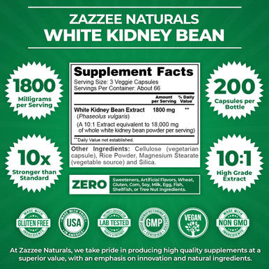 Zazzee White Kidney Bean 10:1 Extract, 18,000 Mg Strength, 200 Vegan Capsules, Over 2 Month Supply, Standardized And Concentrated