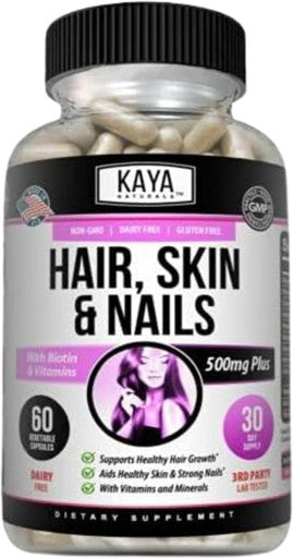 Kaya Naturals Hair Skin Nail Capsules BIOTIN Vitamin D Vitamin B-12 A Folic Acid Support Hair Support Vitamin Supplement