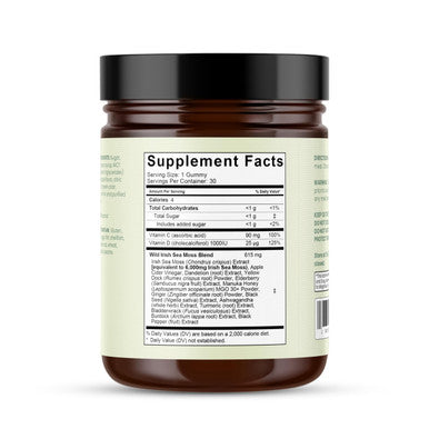 Sea Moss Gummies 16-in-1 - Ashwagandha Black Seed Oil Bladder Wrack Turmeric Vitamin C & D3 with Manuka Burdock Root Dandelion Yellow Dock Elderberry Apple Cider Vinegar (Green Apple) 30 gummies