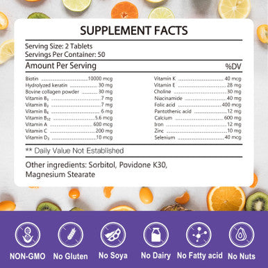 KFG Biotin 10000mcg Women's Multivitamin Mineral with Keratin Collagen Calcium Niacinamide & Vitamins A, B, D, C, E, for Women Hair Skin Nail & Bone Health 100 Tablets.