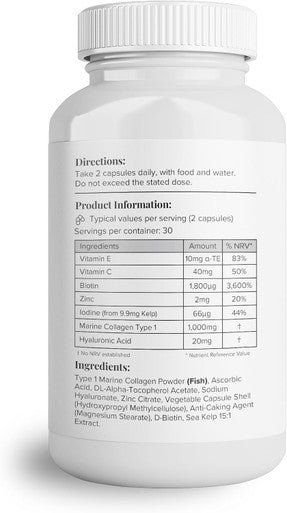Hey Nutrition Collagen Complex Hyaluronic Acid & Sea Kelp Vitamin E C Biotin - Healthy Nails Skin Hair Joints Metabolism - Type 1 Marine Supplement - Non GMO 60 Capsules