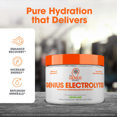 Genius Electrolytes Powder Drink Mix, Lemon Lime, 30 Servings - Hydration Booster & Endurance Supplement with Potassium, Magnesium & Zinc - Free & No Sweeteners or Dyes