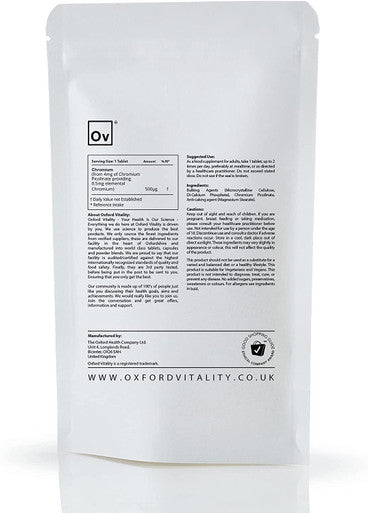Chromium Picolinate Tablets | 500mcg Supplements for Blood Glucose & Macronutrient Metabolism Support | UK Manufactured | Vegetarian and Vegan | Oxford Vitality