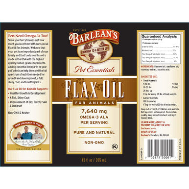 Barleans Fresh Flaxseed Oil for Animals with Rich Essential Omega3 Fatty Acids for Pet WellBeing and Health NonGMO 12 oz