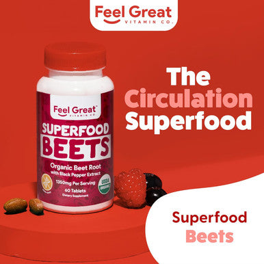 Feel Great Vitamins Organic Beet Root Powder Supplements (Tablets) Beets Nitric Oxide Supplement Red Beet Powder Support Healthy Circulation With Natural Nitrates For Natural Energy