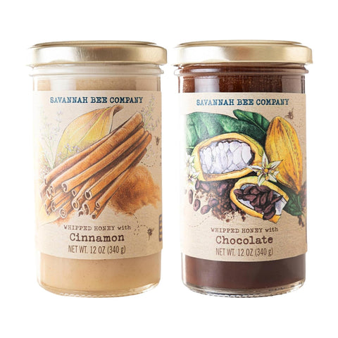 Whipped Honey Gift Set by Savannah Bee - Creamy, Smooth, Spreadable and absolutely Delicious - 100% Natural and Pure Honey - 12 Oz (Cinnamon and Chocolate)