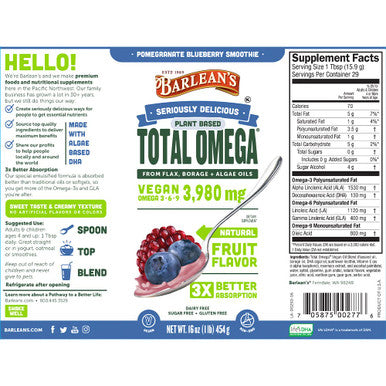 Barleans Total Omega 3 Vegan Pomegranate Blueberry Smoothie from Algal Oil Flaxseed Oil and Borage Oil 3980mg of Omega 3 6 9 Fruit Flavor Non GMO Gluten Free 16Ounce