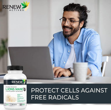 Renew Actives Organic Lions Mane Mushroom Supplement - 40% Polysaccharides, Immune Wellness & Rich In Antioxidant - 120 Capsules