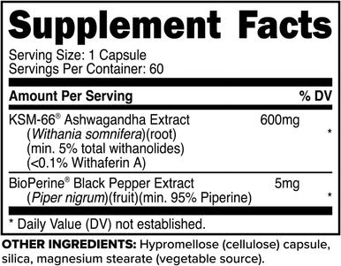 Primaforce KSM-66 Ashwagandha Root Extract (600mg) 60 Veggie Capsules - 5% Withanolides with BioPerine