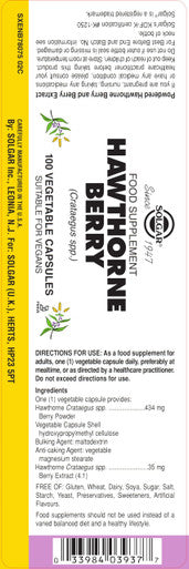 Solgar Full Potency Hawthorne Berry Vegetable Capsules 100 Count