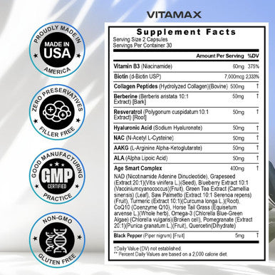 Resveratrol Nad+ Berberine Hyaluronic Acid - Biotin Grape & Blueberry + Nac - Collagen Peptides - Hair, Nail, Skin & Joint Supplement - 21-In-1 Women And Men - Made In Usa (60 Count (Pack Of 1)