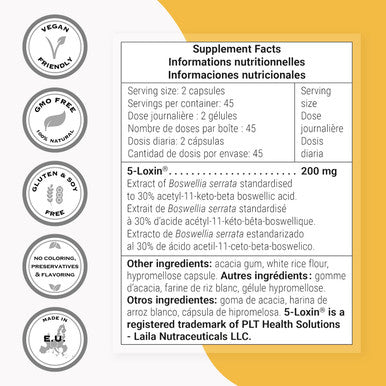 Supersmart 5Loxin 200 mg Per Day Extract of Boswellia Serrata Support Healthy Joint Anti Inflammatory Supplement Pain Relief NonGMO Gluten Free 90 Vegetarian Capsules