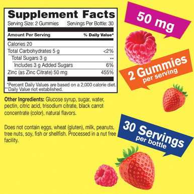 Zinc Gummies 50 Mg - Supports Healthy Immune Function And Antioxidant Health - Natural Berry Flavor - Gluten-Free, Gmo-- Chewable Gummy Dietary Supplement - 60 Gummies