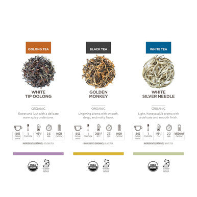 Teabloom Masters Collection - Six Rare Single-Origin Organic Loose Leaf Teas - Milky Oolong White Silver Needle Big Red Robe Golden Monkey Jade Oolong and White Tip Oolong