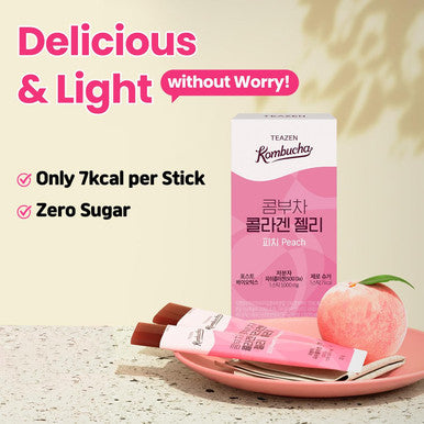 Teazen Collagen Peptides Gummies Kombucha Stick Jelly Soft Chews Postbiotics Zero Sugar Low Calorie Peach Flavor 14 Sticks 9.87oz