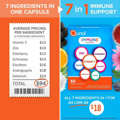 Qunol Immune Support Vegetarian Capsules 7 in 1 Immunity Defense Booster Supplement Vitamin C Zinc Elderberry Echinacea Selenium Eleuthero and Andrographis 30 Count