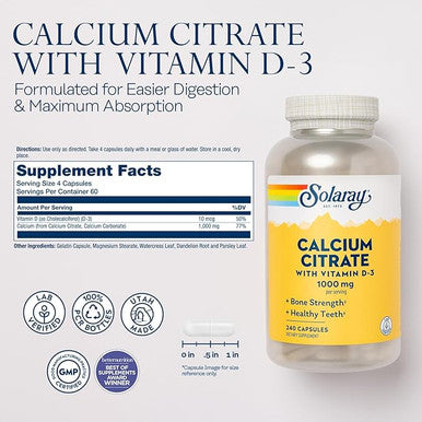 Solaray - Calcium Citrate with Vitamin D-3, 1000mg, 240 Counts