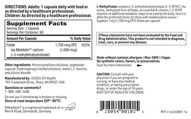Klaire Labs L-Methylfolate - 1000 mcg Folate Highly Bioavailable, Hypoallergenic 1000 Micrograms (1 Milligram) Metafolin L-5-MTHF (60 Capsules)