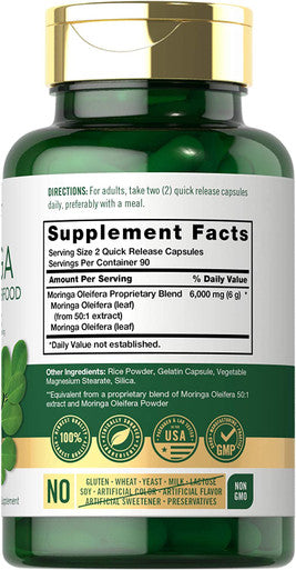 Carlyle Moringa Oleifera | 180 Capsules | Non-GMO and Gluten Free Supplement | Complete Green Superfood | from Moringa Leaf Powder