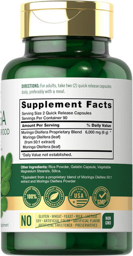 Carlyle Moringa Oleifera | 180 Capsules | Non-GMO and Gluten Supplement | Complete Green Superfood | from Moringa Leaf Powder