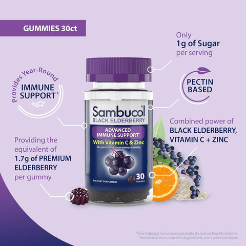 Sambucol Black Elderberry Gummies With Vitamin C & Zinc - Sambucus Elderberry Gummies For Immune Support High Antioxidants Gluten Vegan Elderberry With Zinc & Vitamin C - 30 Count 2 Pack
