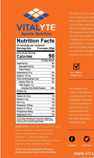 Vitalyte Natural Electrolyte Powder Drink Mix, Gluten Free, 40 2 Cup Servings Per Container (Orange)