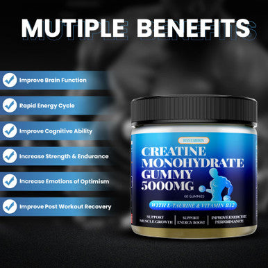 BSSTABBON Creatine Monohydrate Gummies 5000Mg With L-Taurine And Vitamine B12 Per Serving 60 Count