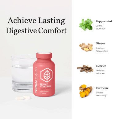 Terra Health Essentials Bloat Control | Fast-Acting No Bloat Relief w/Digestive Enzymes Probiotic Strains for Targeted Anti Bloat Support - Lactase Lipase Protease & Amylase for Digestive Health