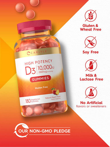 Carlyle Vitamin D3 Gummies | 10,000 iu | 180 Count | Vegetarian, Non-GMO, and Gluten Free Formula | High Potency Vitamin D Supplement | Natural Peach Flavored Gummies