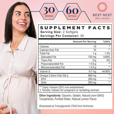 Best Nest Wellness Mama Bird Prenatal DHA Vitamin Prenatal Omega 3 DHA Supplements Supports Baby's Brain & Eye Development 500 mg Triglyceride Fish Oil Easy to Swallow Lemon Flavor Softgels 60 Ct