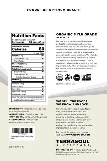 Terrasoul Superfoods Raw Unpasteurized Organic Almonds (Mylk Grade) 6 Pounds
