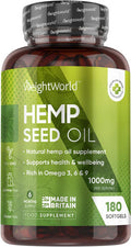 Weightworld Hemp Seed Oil Capsules Softgels | 180 Omega 3 6 9 Capsules with Added Vitamin E | Cold-Pressed | 6 Months Supply | Supports Normal Blood Cholesterol Levels (EFSA) | 1 Softgel A Day