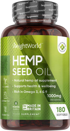 Weightworld Hemp Seed Oil Capsules Softgels | 180 Omega 3 6 9 Capsules with Added Vitamin E | Cold-Pressed | 6 Months Supply | Supports Normal Blood Cholesterol Levels (EFSA) | 1 Softgel A Day