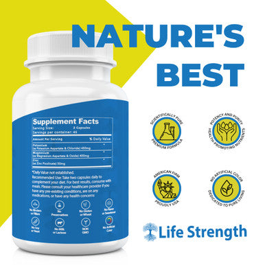 Life Strength Magnesium Potassium Supplements + Zinc 90 Capsules For Vascular Health - High Absorption Vegan, Natural Ingredients Supplement For Leg Cramps And Sleep
