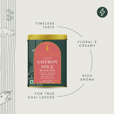 Luxmi Estates Saffron Chai | 100 gm | Signature India collection | Assam CTC Tea | Black tea collection | Saffron chai Organic Strong tea | Antioxidants | Assam Valley tea | Kashmiri Saffron Cinnamon Natural Cardamom Extract