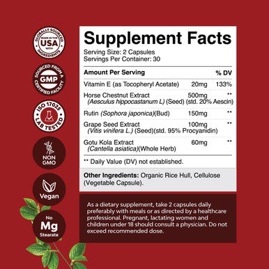 Natures Craft Vein Support Supplements Leg and Veins - Full Body Circulation Supplement for Spider & Varicose Veins and Improved Flow with Horse Chestnut Extract & Flavonoids - Vegan Non-GMO Mini Caps (1 Month)