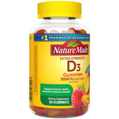 Nature Made Extra Strength Vitamin D3 5000 Iu (125 Mcg) Per Serving Dietary Supplement For Bone Teeth Muscle And Immune Health Support 80 Gummies 40 Day Supply 80 Count (Pack Of 1)