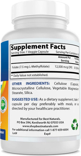 Best Naturals Methyl Folate 7500 mcg (7.5mg) (Most Bio-Available) Veggie Capsule - Supports Cell Formation Growth Function Brain Memory Cardiovascular Health 60 Count
