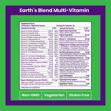 Paradise Herbs Earth's BlendAÃƒâ€šÃ‚Â® Organic Superfood Multivitamin No Iron | Antioxidants, Probiotics, Adaptogens, Vitamins A, B, C, D, K2 | Orac Energy Greens + Minerals + Herbs | 60 Vegetarian Capsules