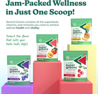 Rewind Greens - Super Greens Powder - Delicious Green Juice Drink Mix With Amazing Flavor - Over 40 Superfoods - Vitamin B12, Zinc, Vitamin C, Magnesium, And Calcium - Cherry Delight