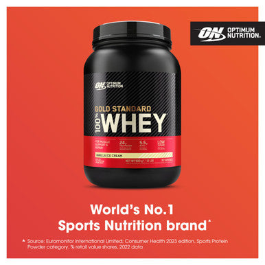 Optimum Nutrition Gold Standard 100% Whey Muscle Building And Recovery Protein Powder With Naturally Occurring Glutamine And Bcaa Amino Acids Vanilla Ice Cream Flavour 30 Servings 900 G