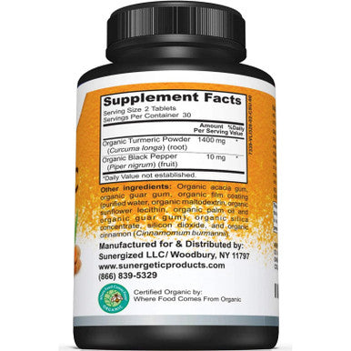Sunergetic USDA Certified Organic Turmeric Supplement ÃƒÂ¢Ã¢â€šÂ¬Ã¢â‚¬Å“ Includes Organic Turmeric & Organic Black Pepper ÃƒÂ¢Ã¢â€šÂ¬Ã¢â‚¬Å“ 1,400mg of Turmeric per Serving - 60 Count