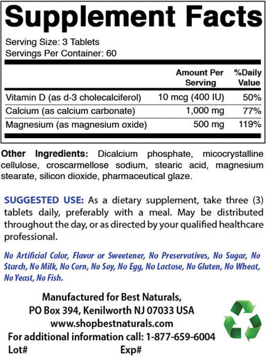 Best Naturals Calcium Magnesium with Vitamin D3 1500mg Serving 180 Tablets (180 Count (Pack of 2))
