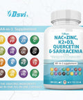 Nac Supplement N-Acetyl Cysteine 1000Mg Vitamin D3 K2 Zinc Quercetin 1000Mg Sarracenia Purpurea 1000Mg With Elderberry Holy Basil Bee Propolis Bromelain L-Lysine For Men And Women,60 Count