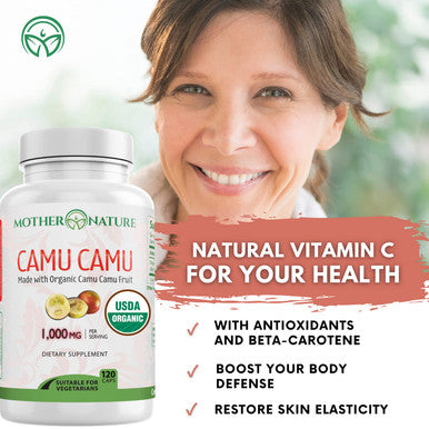Mother Nature Organics Superfoods for Organic Living Organic Vitamin C From Camu Camu Capsules 1,000Mg, Packed With Natural Vit C, Raw Antioxidants - Immune Support Supplement & Anti-Aging For Skin - Powder Organic, Vegan, Non-Gmo (120 Count)