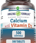 Amazing Nutrition Formulas Calcium with Vitamin D3 500 Tablets Supplement | Non-GMO | Gluten | Made in USA