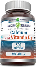 Amazing Nutrition Formulas Calcium with Vitamin D3 500 Tablets Supplement | Non-GMO | Gluten | Made in USA