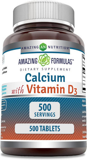 Amazing Nutrition Formulas Calcium with Vitamin D3 500 Tablets Supplement | Non-GMO | Gluten | Made in USA