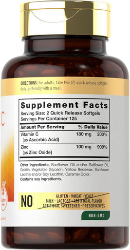 Carlyle Vitamin C with Zinc | 250 Softgels | Bioavailable | Ascorbic Acid | Zinc Oxide | Non-GMO and Gluten Supplement
